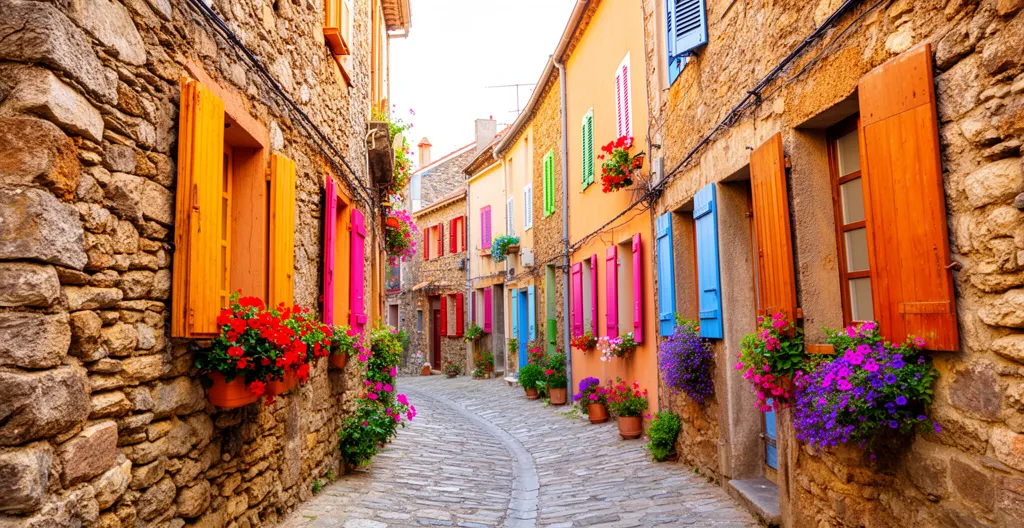 Ruelle pavée du centre historique de Calvi avec terrasses de cafés et volets colorés